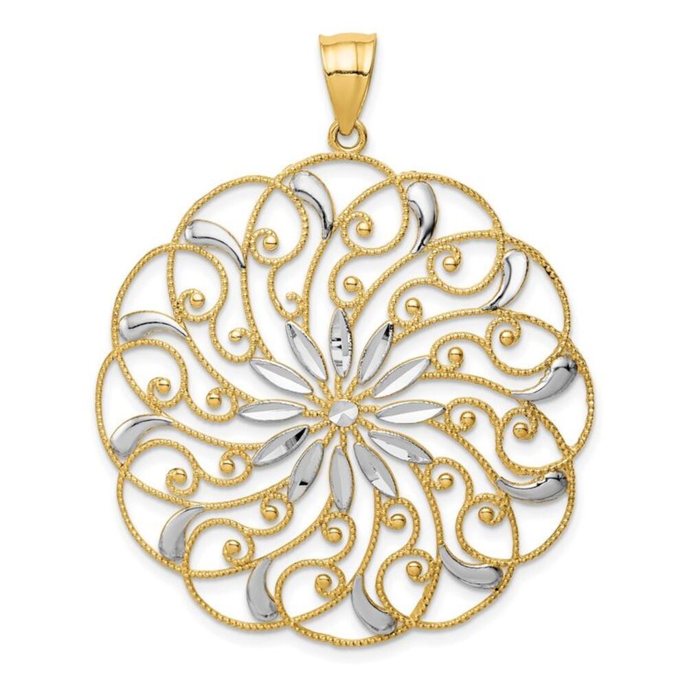 14k Yellow Gold & White Rhodium Diamond Cut Floral Swirl Pendant, 40mm